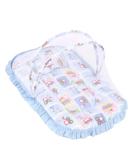 Mee Mee Mattress with Pillow & Mosquito Net Vehicle Print - Sky Blue