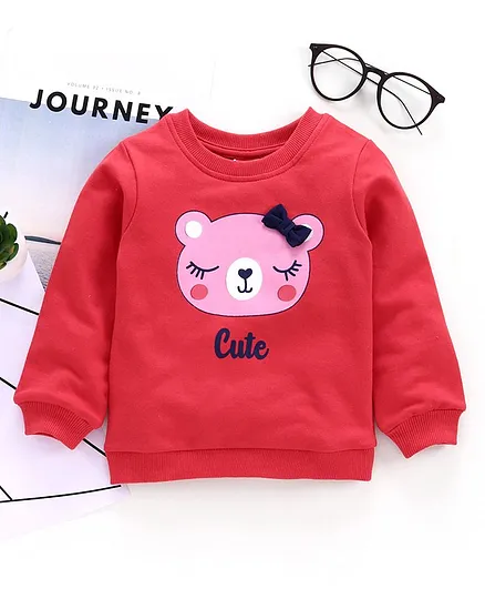 Babyhug Full Sleeves Sweatshirt Teddy Face Print with Bow Applique - Red