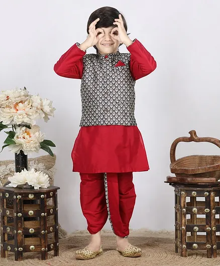 Babyhug Full Sleeves Kurta and Dhoti  Set with Printed Waist Coat - Red