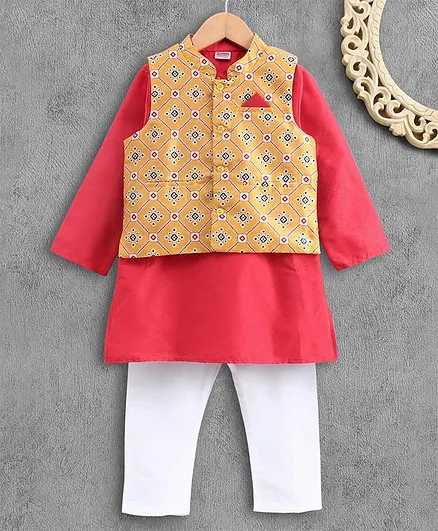 Babyhug Full Sleeves Kurta and Pajama Set with Printed Jacket - Coral Yellow