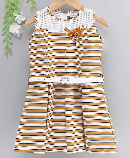 Enfance Sleeveless Striped & Flower Applique Pleated Dress - Gold