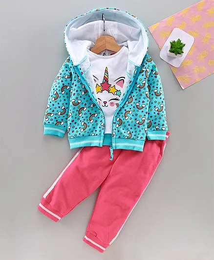Babyhug Top Track Pant & Hooded Sweat Jacket Unicorn Print - Blue Pink
