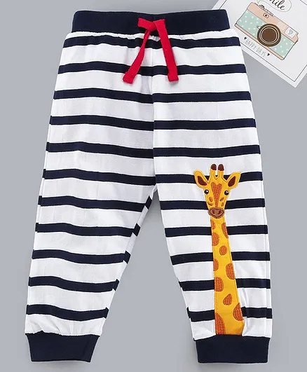 Babyhug Full Length Stripe Lounge Pant  Giraffe Embroidery - White Navy Blue