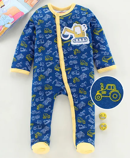 Babyhug Full Sleeves Footed Sleepsuit Giraffe Patch - Blue