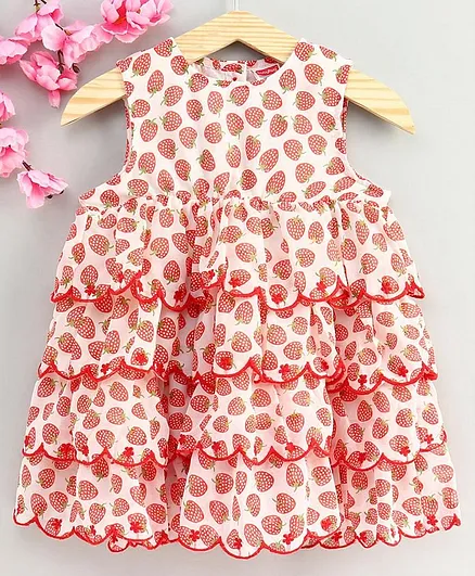 Babyhug Sleeveless Frock Strawberry Print - Red White