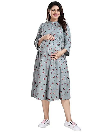 Mamma's Maternity Three Fourth Sleeves Cherry Printed Rayon Maternity & Feeding & Nursing Dress  - Grey