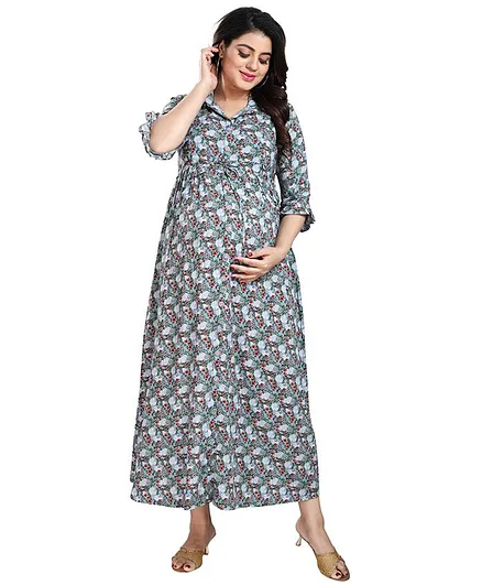 Mamma's Maternity Maxi Length Collared Three Fourth Sleeves Flower Print Dress - Blue