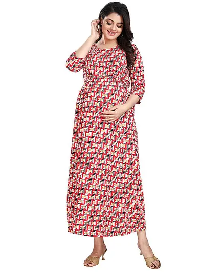 Mamma's Maternity Maxi Length Abstract Print Three Fourth Sleeves Dress - Red