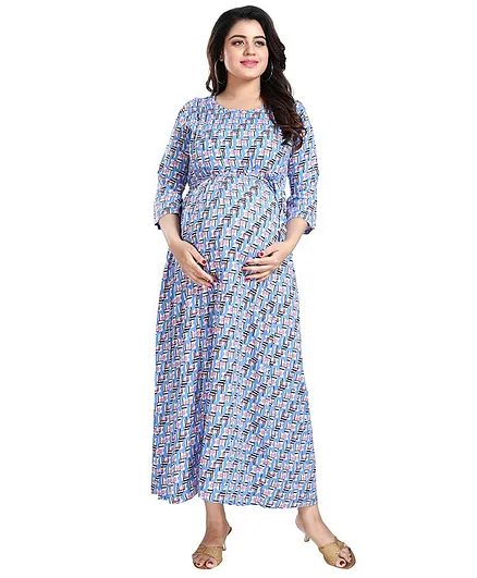 Mamma's Maternity Maxi Length Three Fourth Sleeves Abstract Print Dress - Blue