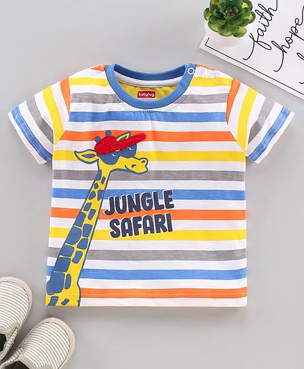Babyhug Half Sleeves Striped Tee Jungle Safari Print - Multicolor