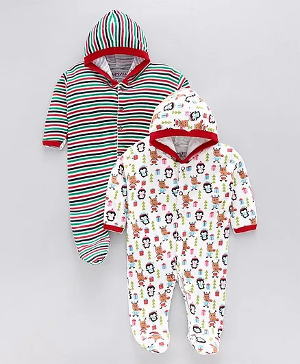 Bumzee Full Sleeves Striped & Printed Pack Of 2 Hooded Sleep Suits - Red