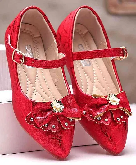 Cute Walk by Babyhug Party Wear Belly Shoes Bow Applique - Red