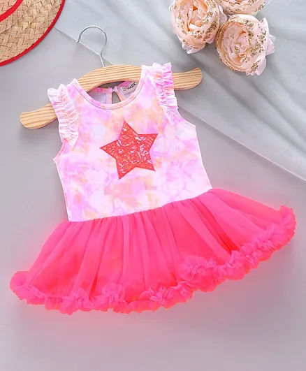 Mark & Mia Sleeveless Frock Style Onesie with Sequin Star Patch - Pink