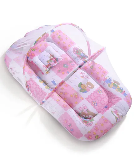 Babyhug Cotton Blend Mosquito Net With Mattress And Pillow Pink - Multi Print