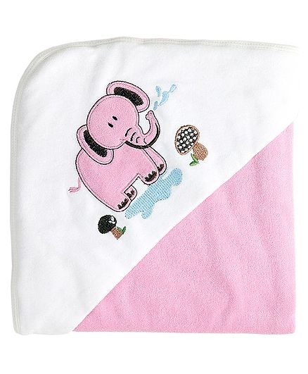 My Milestones Premium Hooded Towel Elephant Embroidery Solid Pattern - Pink