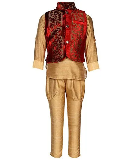 Little Bull Ethnic Kurta Pajama Designer Jacket Set - Maroon Beige