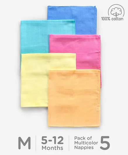 Babyhug Square Cotton Muslin Nappy Set Medium Pack Of 5 - Multicolor