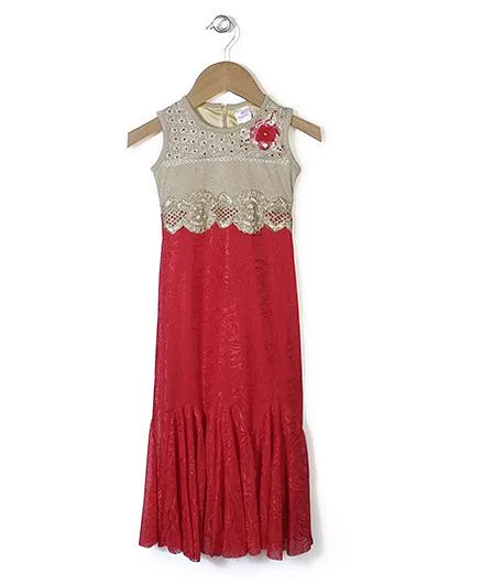 Chocopie Sleeveless Self Design Party Frock - Red & Gold