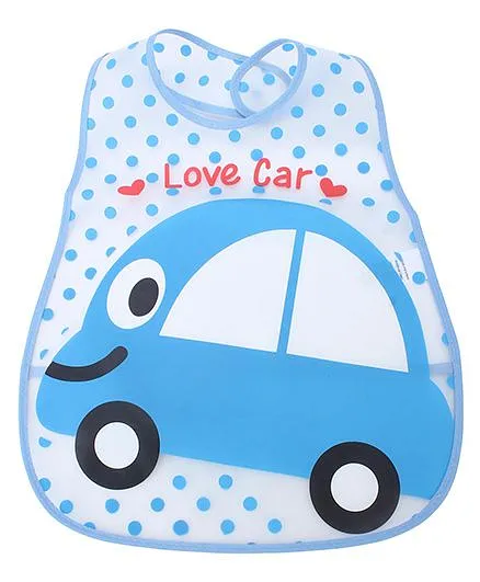 Babyhug Waterproof Plastic Crumb Catcher Bib Car Print - Blue and White