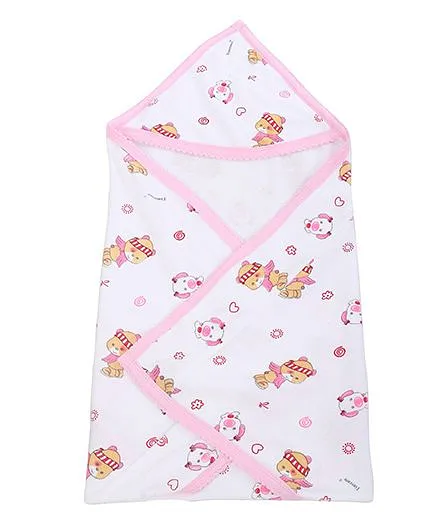 Tinycare Hooded Towel Teddy Print - White Pink