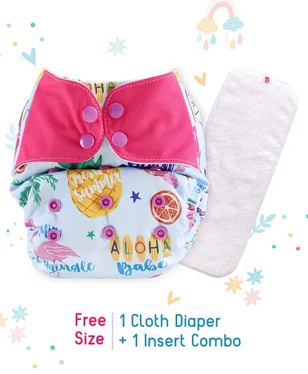 Babyhug Free Size Reusable Contrast Flap Closure Cloth Diaper With Insert Fruits Print - Blue