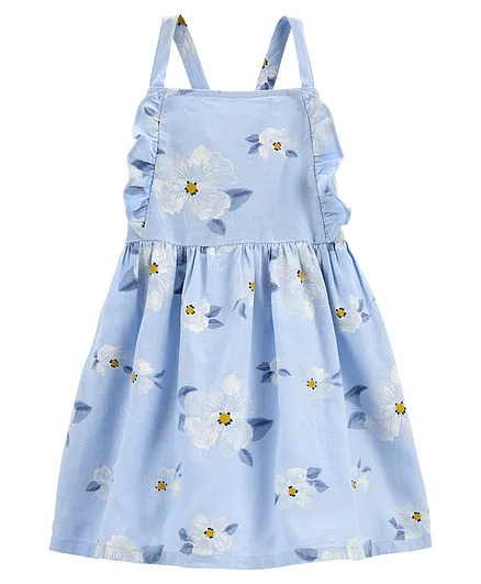 Floral Linen Dress - Blue for Girls 