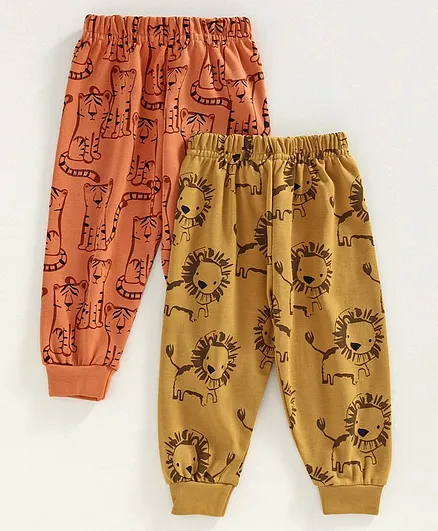 Teddy Full Length Lounge Pants Tiger & Lion Print Pack of 2 - Yellow Orange