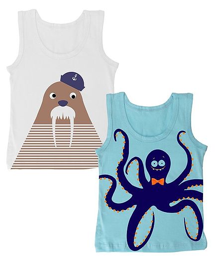 Buy Plan B Pack Of 2 Sleeveless Animal Printed Vest White Blue For Boys 2 4 Years Online In India Shop At Firstcry Com