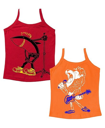 Buy Plan B Pack Of 2 Sleeveless Rock Star Animal Printed Vest Red Orange For Girls 4 6 Years Online In India Shop At Firstcry Com