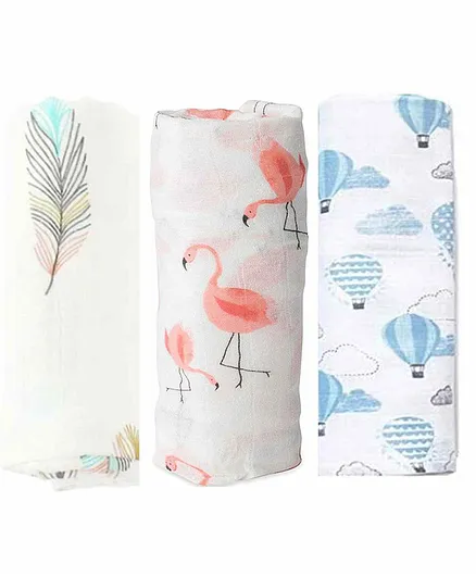 Elementary Organic Cotton Muslin Swaddle Wrapper Flamingo Feather & Hot Air Balloon Print Set of 3  - Pink & Blue  