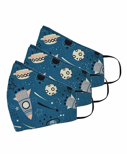 Tossido Cotton Printed Resuable Masks Space Print Blue - Pack of 3