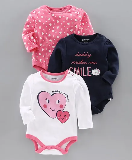 Babyoye Full Sleeves Heart & Text Printed Onesies Set of 3 - Pink Blue White