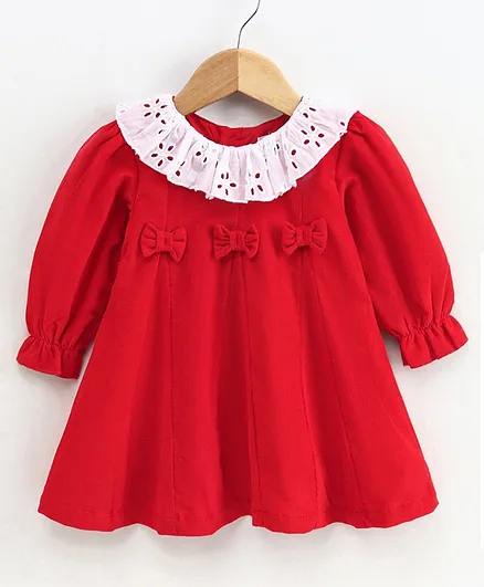 Babyoye Cotton Full Sleeves Solid Color Frock - Red