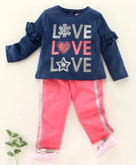 Babyhug Full Sleeves Tee & Pull Up Pant Sequin Detailing - Blue Pink