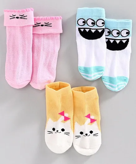 Bonjour Ankle Length Socks Pack of 3 - Pink Blue Yellow