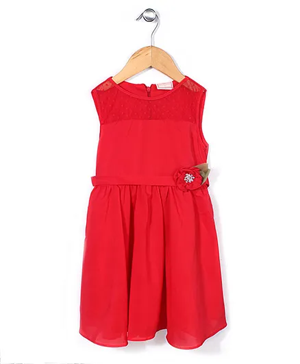 Little Coogie Dress With Diamond Flower  Applique - Red