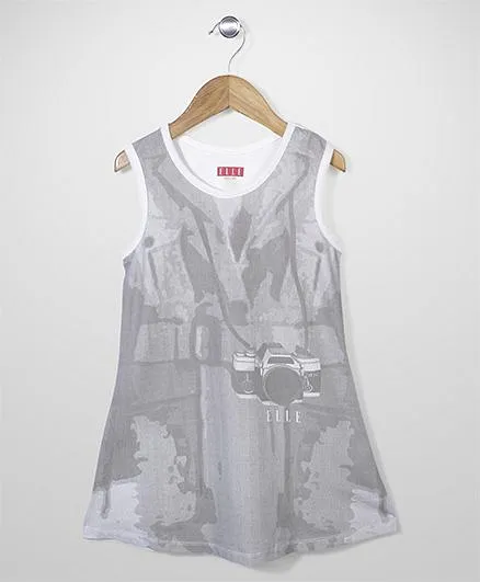 Elle Fashion Camera Print Dress - White & Grey