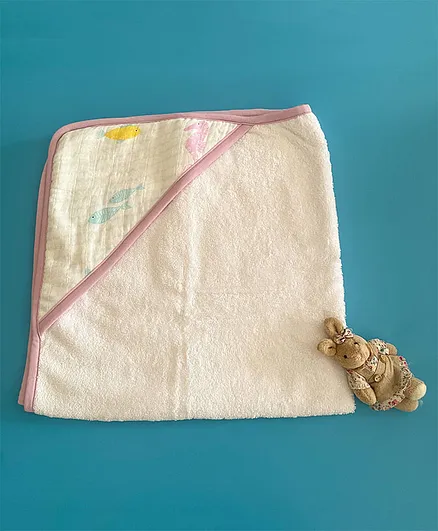 Ooka Baby Premium 100% Cotton Hooded Towel Sea Horse Print - White Pink