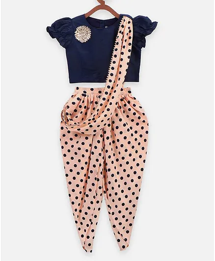 Lilpicks Couture Short Sleeves Top With Polka Dot Print Dhoti Pants - Blue Peach