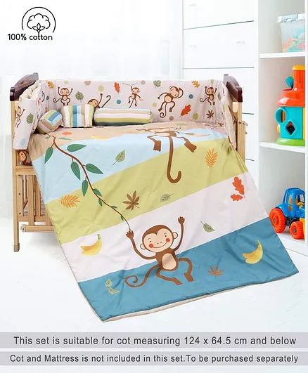 Babyhug 100% Cotton Crib Bedding Set Monkey Print Regular - Multicolor (Cot not Included)