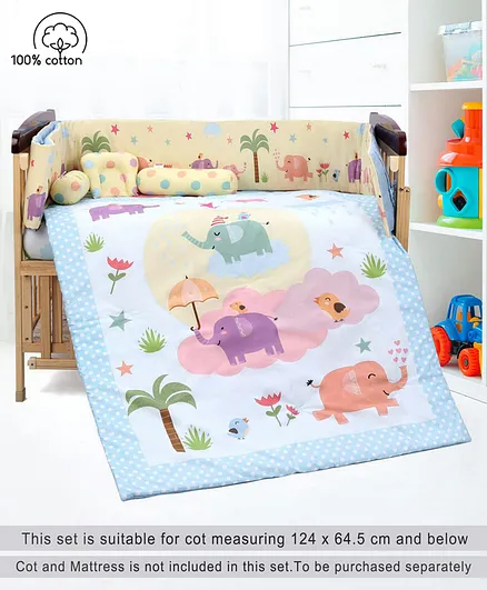 Babyhug 100% Cotton Crib Bedding Set Elephant Print Regular - Multicolor (Cot not Included)