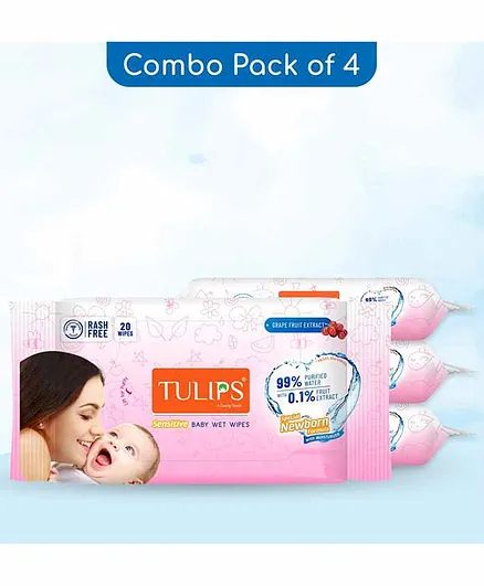 Tulips Sensitive Baby Wet Wipes 99% Purified Water Pack of 4 - 20 Pieces each