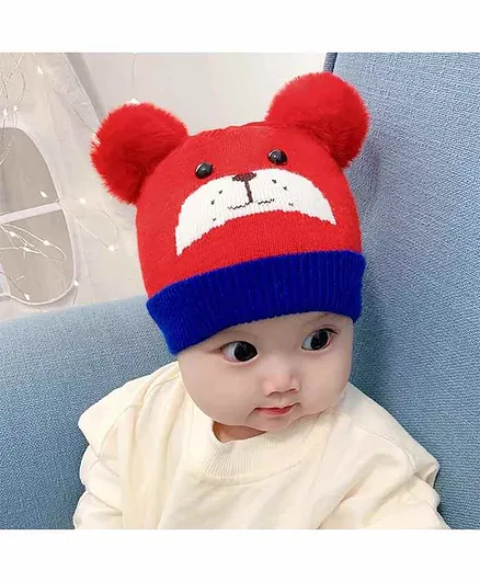 Ziory Knitted Pom Pom Cap Bear Design Red - Circumference 38 cm