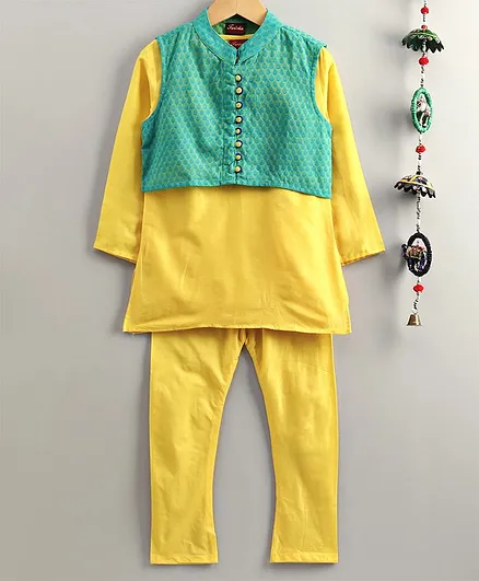 Twisha Full Sleeves Kurta & Pyjama With Flower Print Jacket Set - Yellow