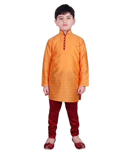 SG Yuvraj Full Sleeves Self Design Kurta With Pajama - Orange