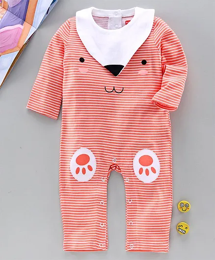 Babyhug 100% Cotton Full Sleeves Striped Romper with Bib   - Orange