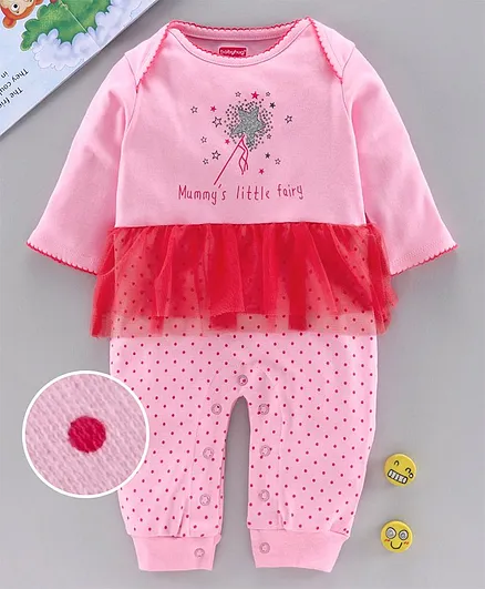 Babyhug 101% Full Sleeves Romper Dot & Star Print - Pink