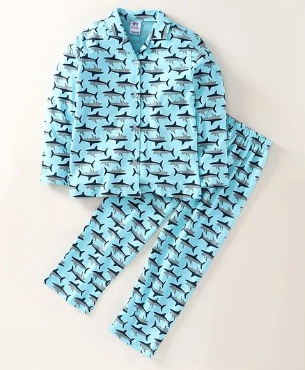 DEAR TO DAD All Over Shark Printed Full Sleeves Night Suit - Sky Blue