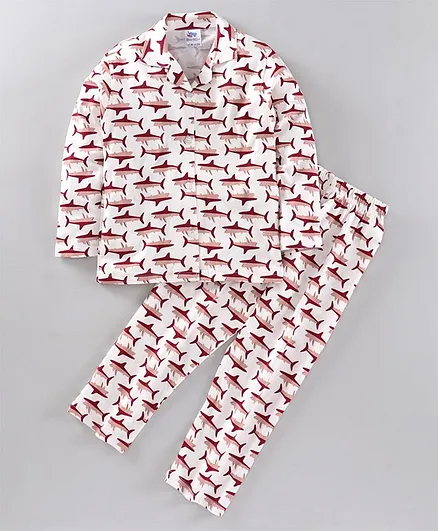 DEAR TO DAD All Over Shark Printed Full Sleeves Night Suit - White & Red