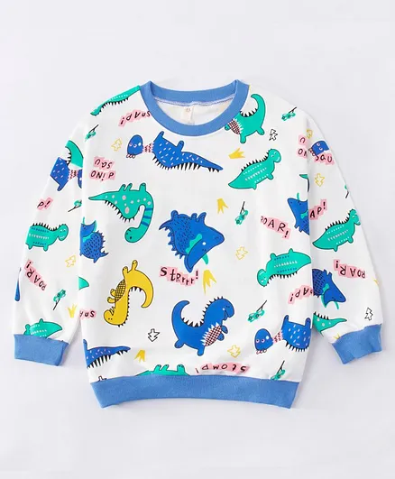 Kookie Kids Full Sleeves Sweatshirt Dino Print - White Blue